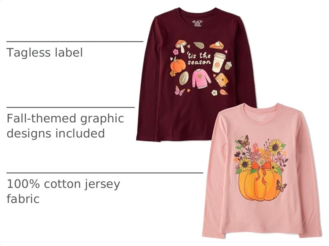 The Children's Place,Girls,All Holidays Long Sleeve Graphic T-Shirts,multipacks,Tis The Season/Pumpkin 2-Pack,X-Small