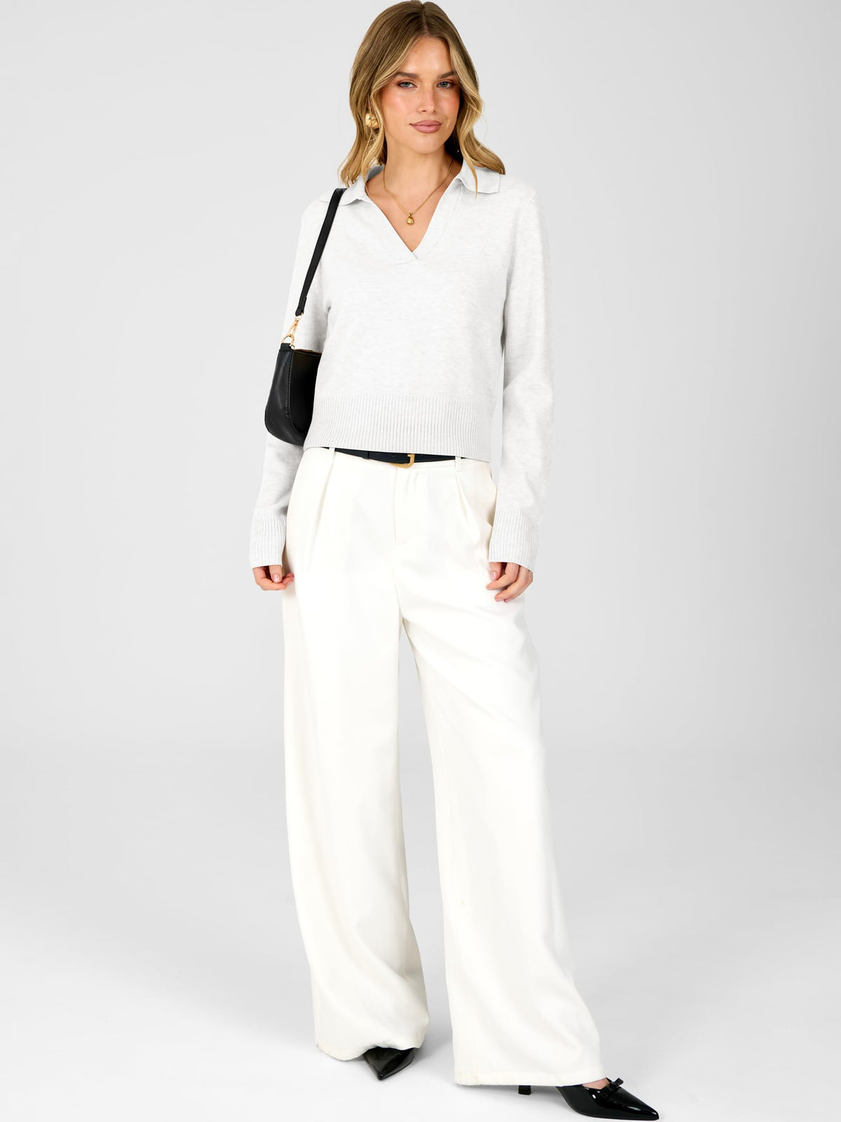 ANRABESS Sweaters for Women Cropped Polo Collared Long Sleeve,White,XS