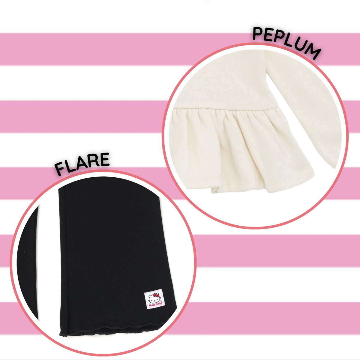 Hello Kitty Little Girls Fleece Pullover Peplum Sweatshirt and Ribbed Flare Leggings Outfit Set White/Black 7-8