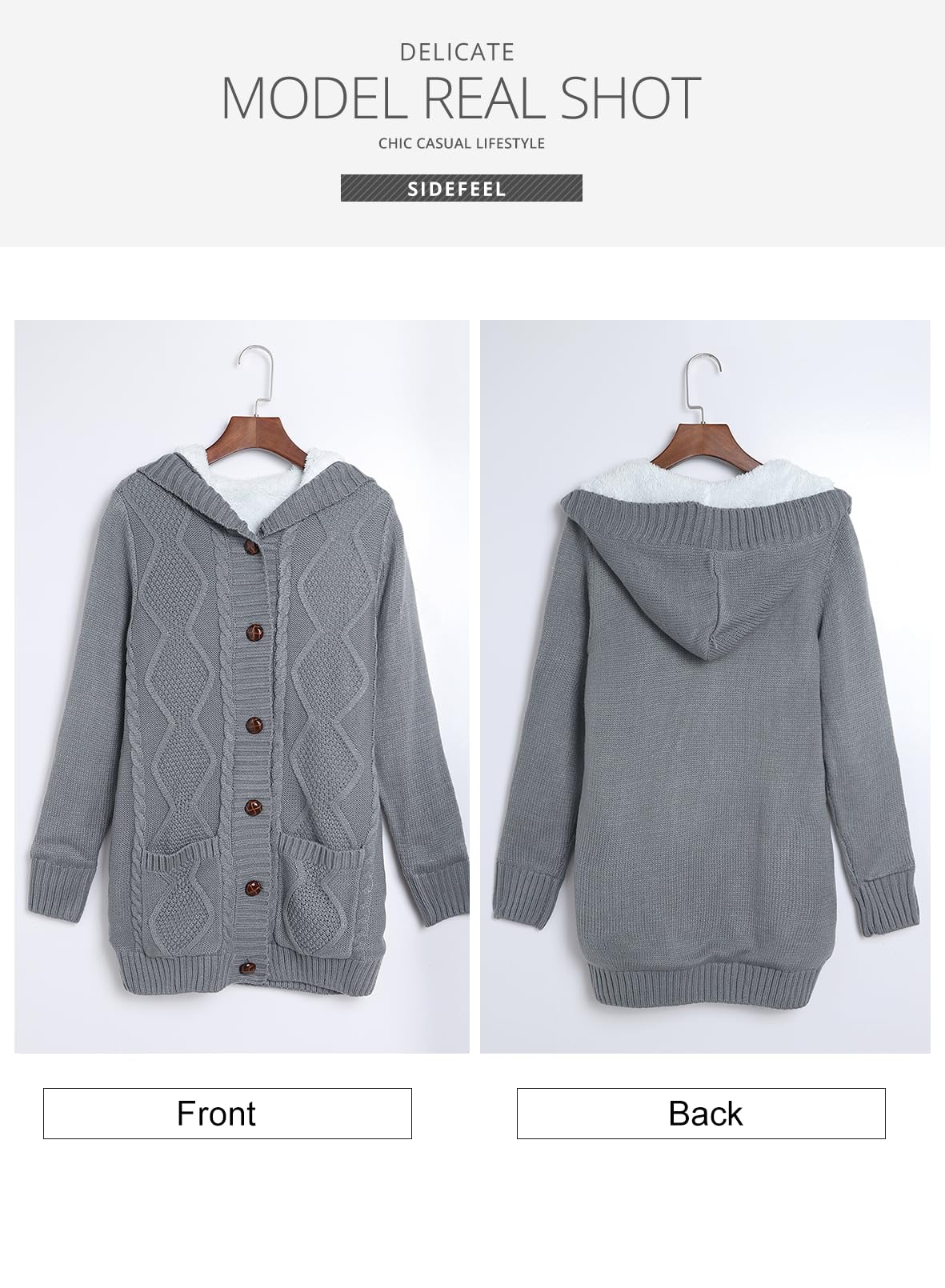 Sidefeel Women's Cable Knit Fleece Lined Hood Cardigan Sweaters S Gray