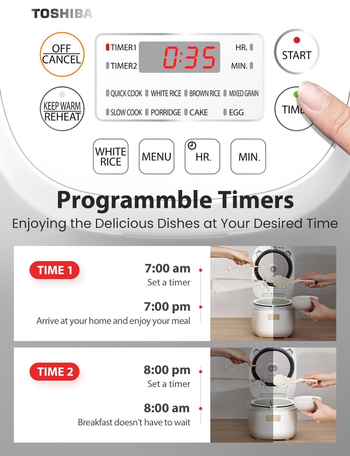 Toshiba Mini Rice Cooker, 3 Cups Uncooked, for 1-3 People, Steamer and Warmer, Fuzzy Logic, One-Touch Cooking, 24-Hour Delay Timer, Auto Keep Warm, White