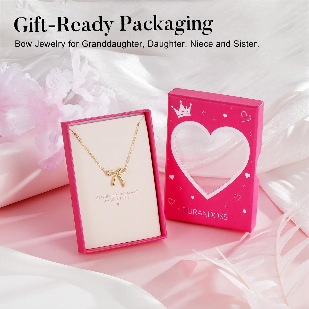 Turandoss 14K Gold Plated Bow Necklace, Birthday Gifts for Kids Teen Girls