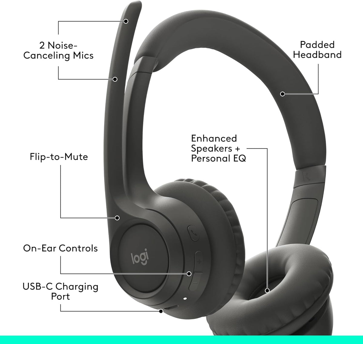 Logitech Zone 301 Wireless Bluetooth Headset with Noise-Canceling Microphone, Compatible with Windows, Mac, Chrome, Linux, iOS, iPadOS, Android ��� Gr