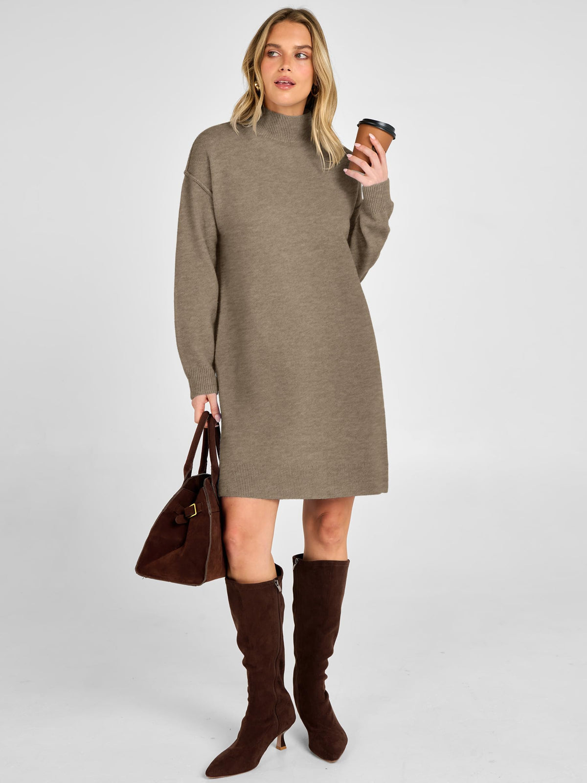 ANRABESS Sweater Dress for Women Fall Oversized Mock Neck Long Sleeve Dress