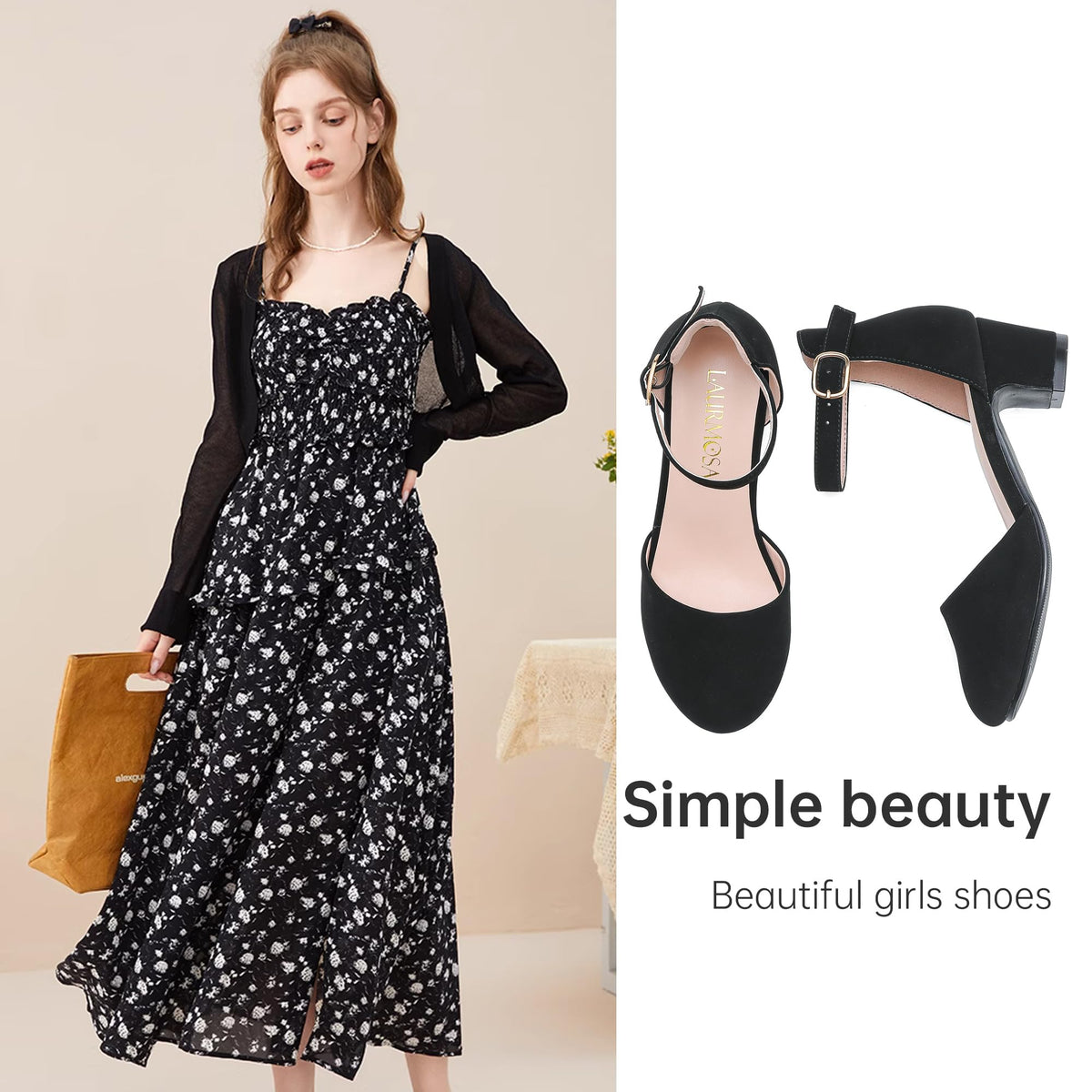 LAURMOSA Black Dress Shoes for Girls Kids Black High Heels Size 1