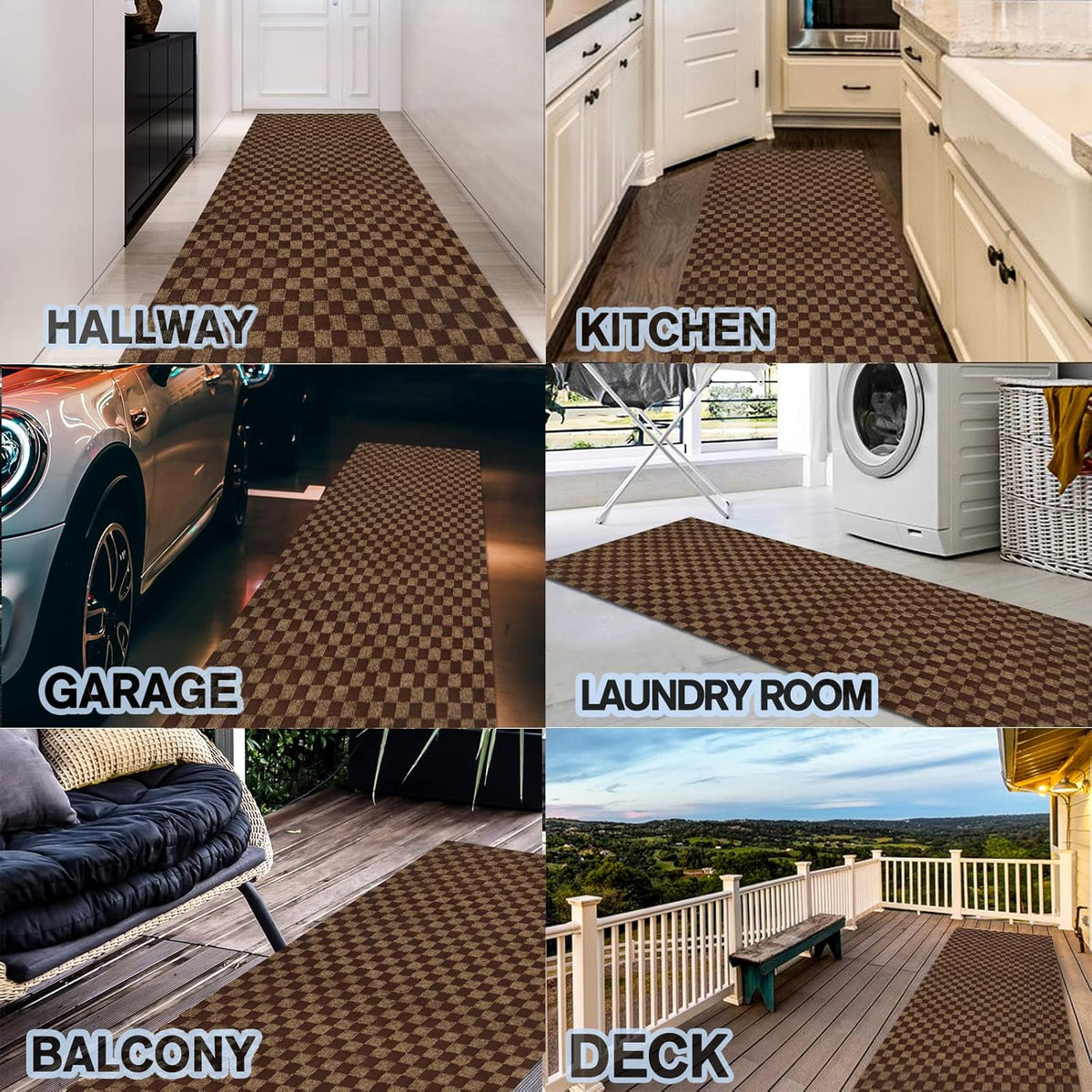 Custom Size Backed Non-Slip Area Rugs Runner, Easy Clean, Waterproof Runner Rugs for Hallway Entryway, Kitchen, Laundry, 3FT x 55FT, Brown Checkered