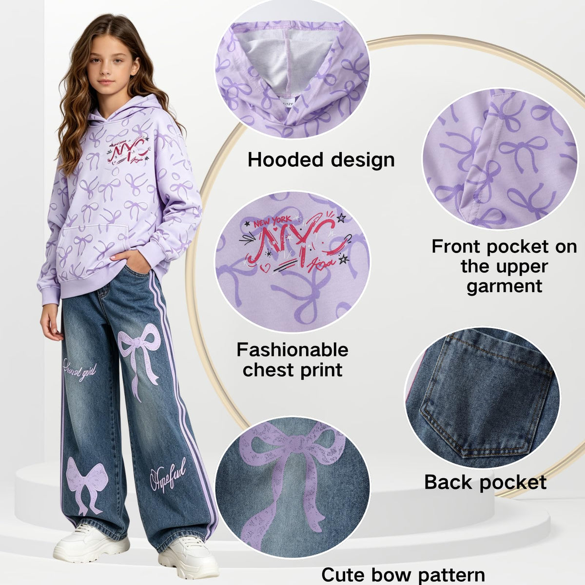 Voxikidio Size 9 10 Year Old Girls Clothes Hooded Bow Long Sleeve Sweatshirt Tops and Jeans Pants 2 Piece Set Fall Outfits for Kids (Purple Size 9-10)