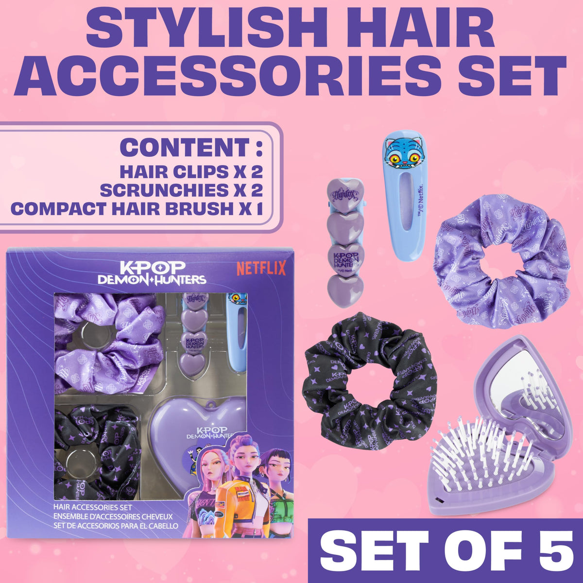 Get Trend KPop Demon Hunters Hair Accessories for Girls, Hair Clips, Satin Scrunchies, Brush with Compact Mirror, Official Licensed Huntrix 5 Piece Travel Essentials Set Gifts for Girls