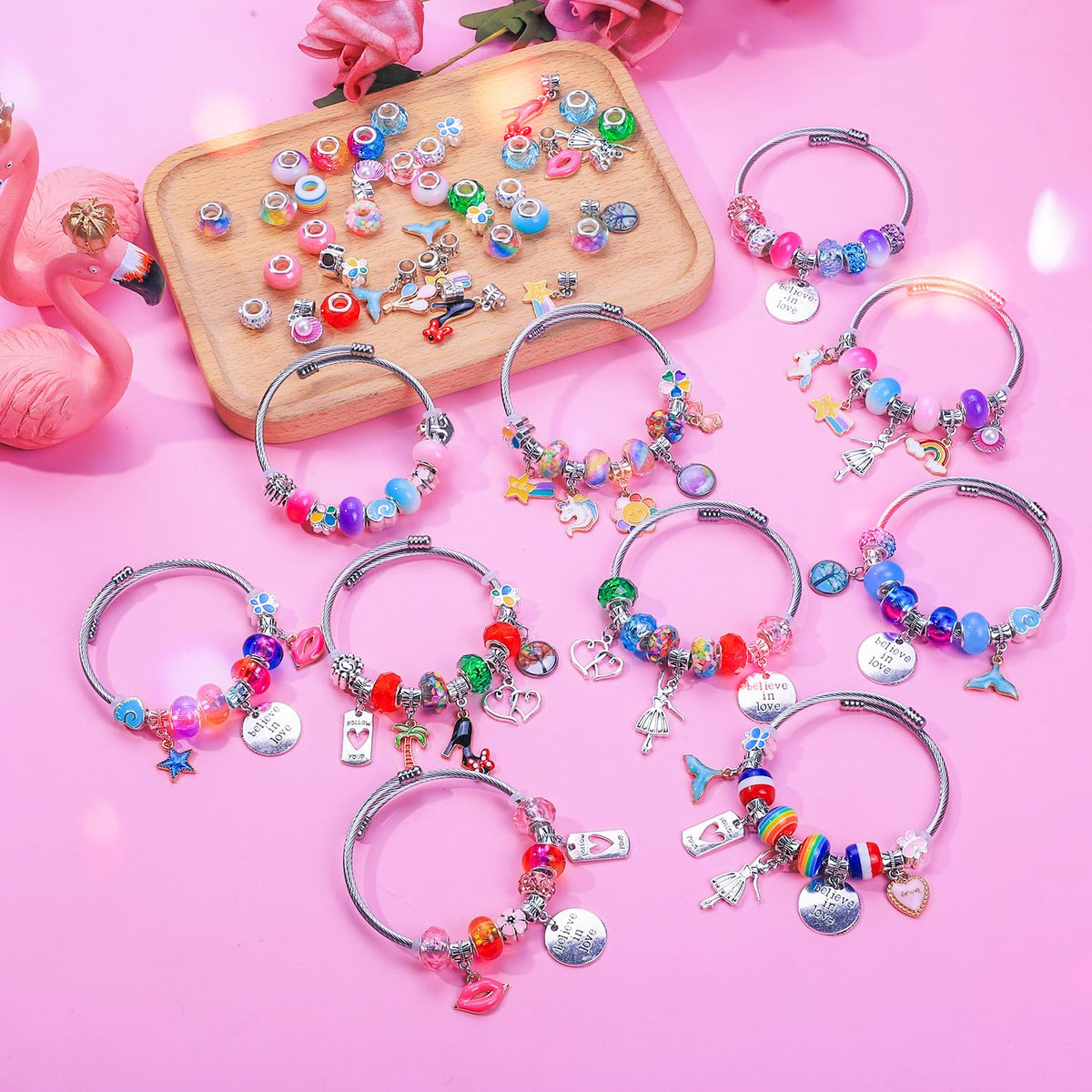 AIPRIDY 208 Pieces Charm Bracelet Making Kit,Unicorn Mermaid Crafts Gifts Set Can Inspires Imagination and Creativity,Jewelry Making Kit Perfect Gifts for Girls 5-12 Years Old (Pink+Aqua Unicorn)