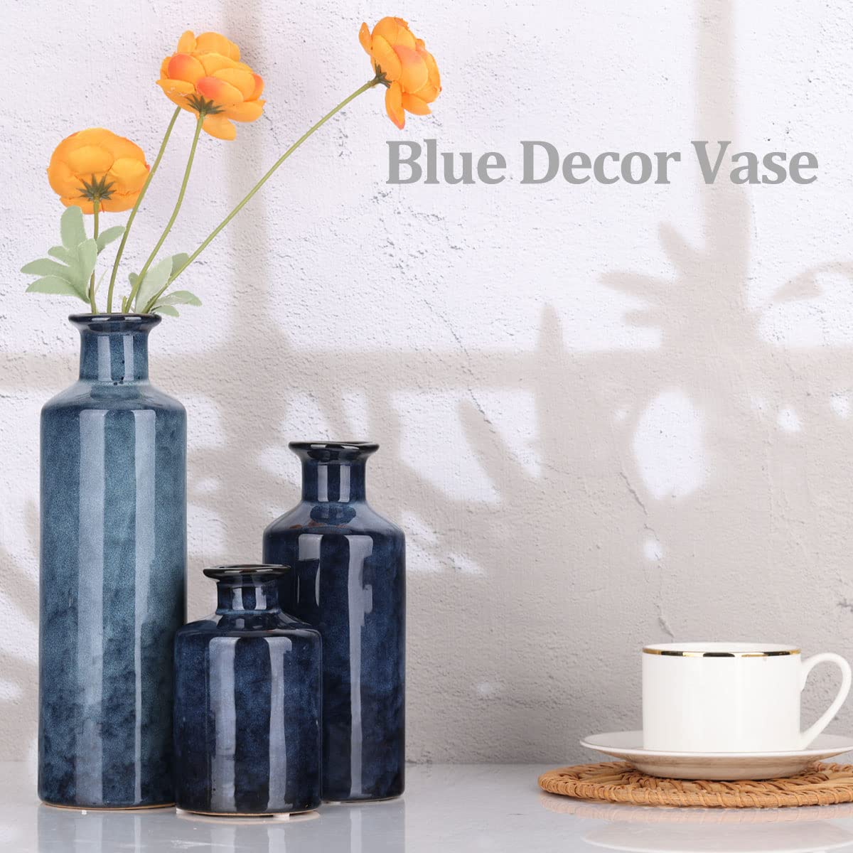Blue Ceramic Vase Set - 3 Blue Small Vases, Farmhouse Country Flower Vase Home Decor, Living Room Decoration, Table Decoration, Fireplace Decor, and Entrance Decorations Centerpieces - thewildfolk Blue Ceramic Vase Set - 3 Blue Small Vases, Farmhouse Country Flower Vase Home Decor, Living Room Decoration, Table Decoration, Fireplace Decor, and Entrance Decorations Centerpieces