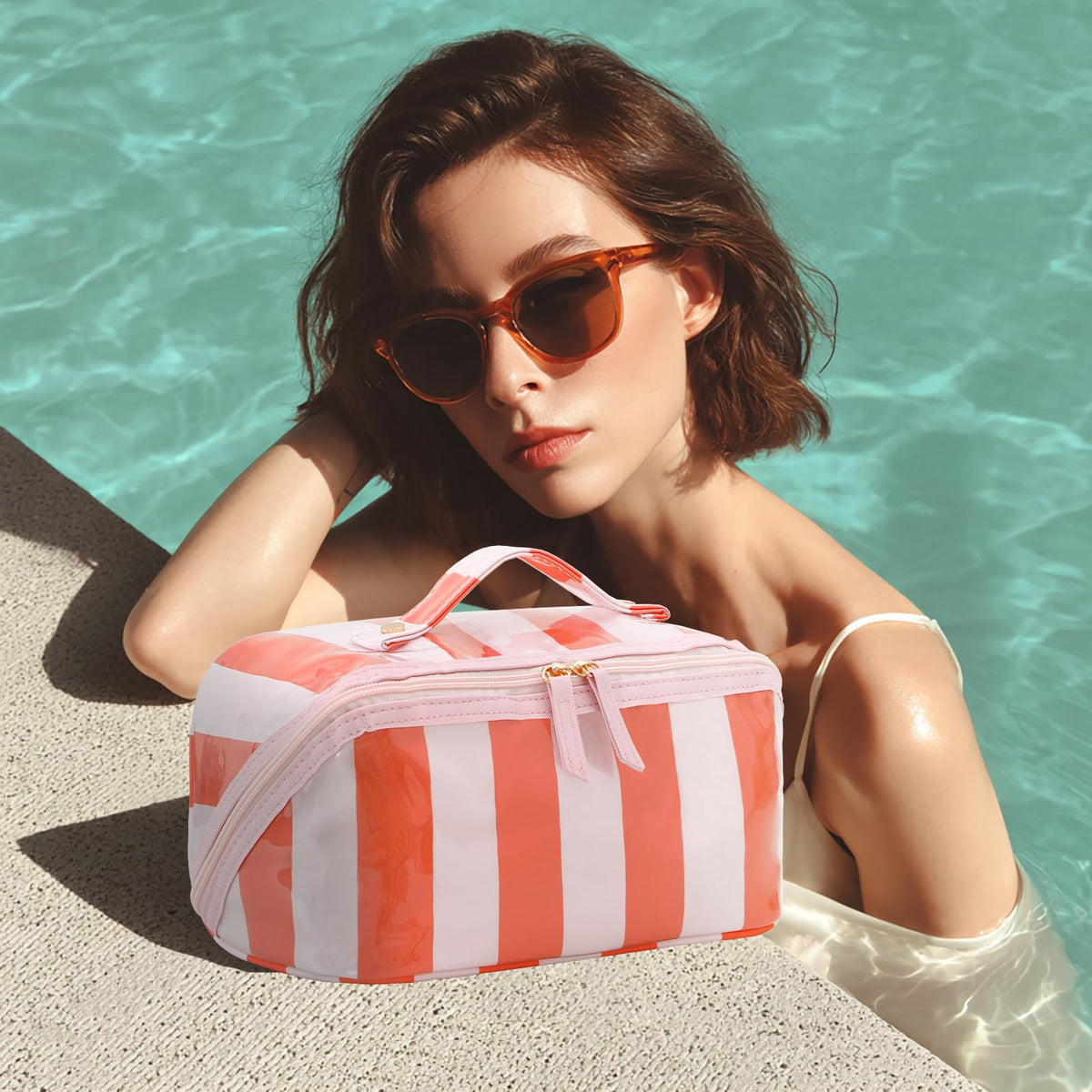 DYSHAYEN Travel Makeup Bag, Pink and Orange Striped - thewildfolk DYSHAYEN Travel Makeup Bag, Pink and Orange Striped