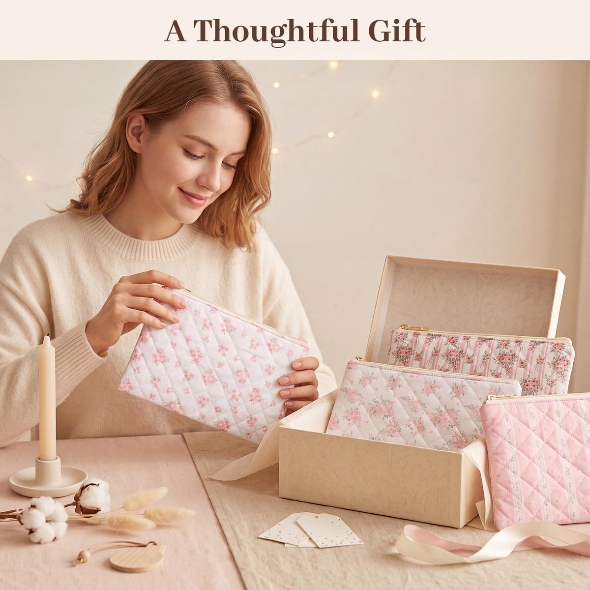 Pimoys Cotton Makeup Bag, Pink Floral Cosmetic Pouch, Zipper Travel Case - thewildfolk Pimoys Cotton Makeup Bag, Pink Floral Cosmetic Pouch, Zipper Travel Case