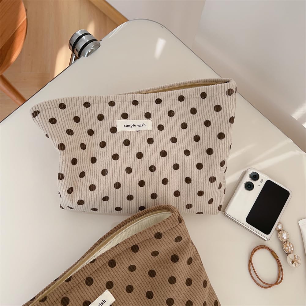Sminra Polka Dot Corduroy Makeup Bag for Purse, Cosmetic Zipper Pouch Begie - thewildfolk Sminra Polka Dot Corduroy Makeup Bag for Purse, Cosmetic Zipper Pouch Begie