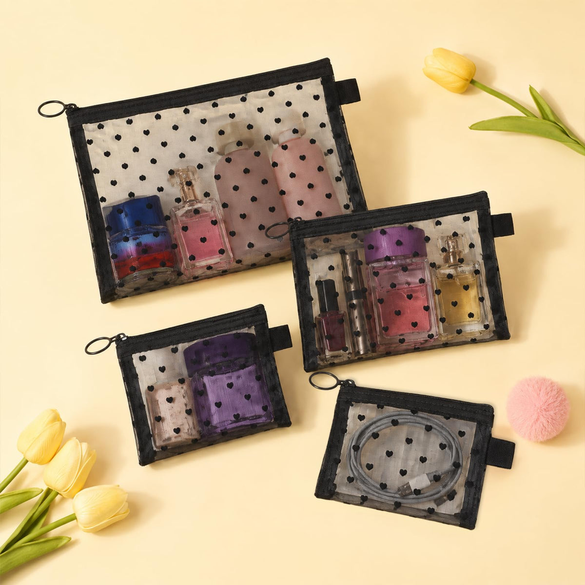 4 Pcs Purse Organizer Bags Cute Pouches for Purse Heart Printed Mesh - thewildfolk 4 Pcs Purse Organizer Bags Cute Pouches for Purse Heart Printed Mesh