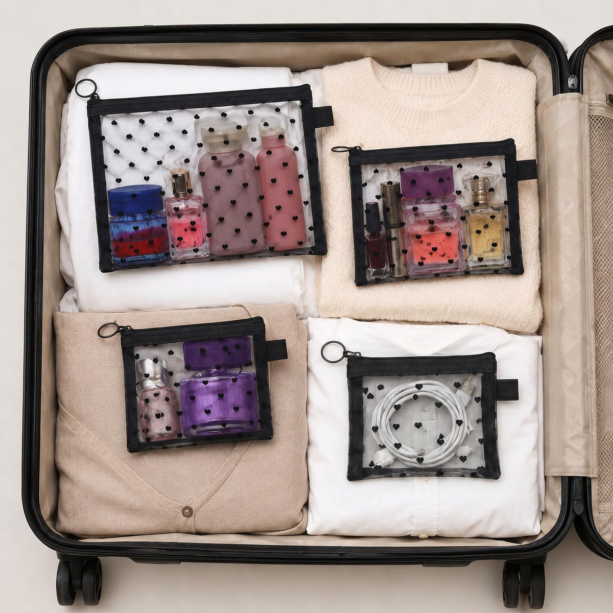 4 Pcs Purse Organizer Bags Cute Pouches for Purse Heart Printed Mesh - thewildfolk 4 Pcs Purse Organizer Bags Cute Pouches for Purse Heart Printed Mesh