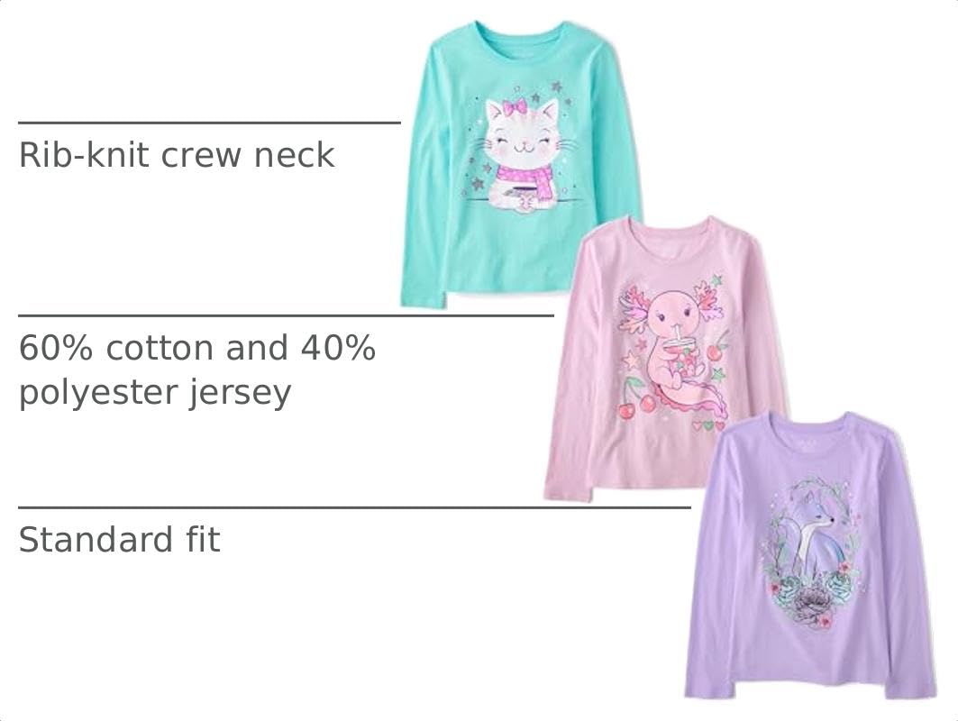 The Children's Place,Girls,Assorted Everyday Long Sleeve Graphic T-Shirts,Cat/XOLOTL/Fox 3-Pack,X-Large