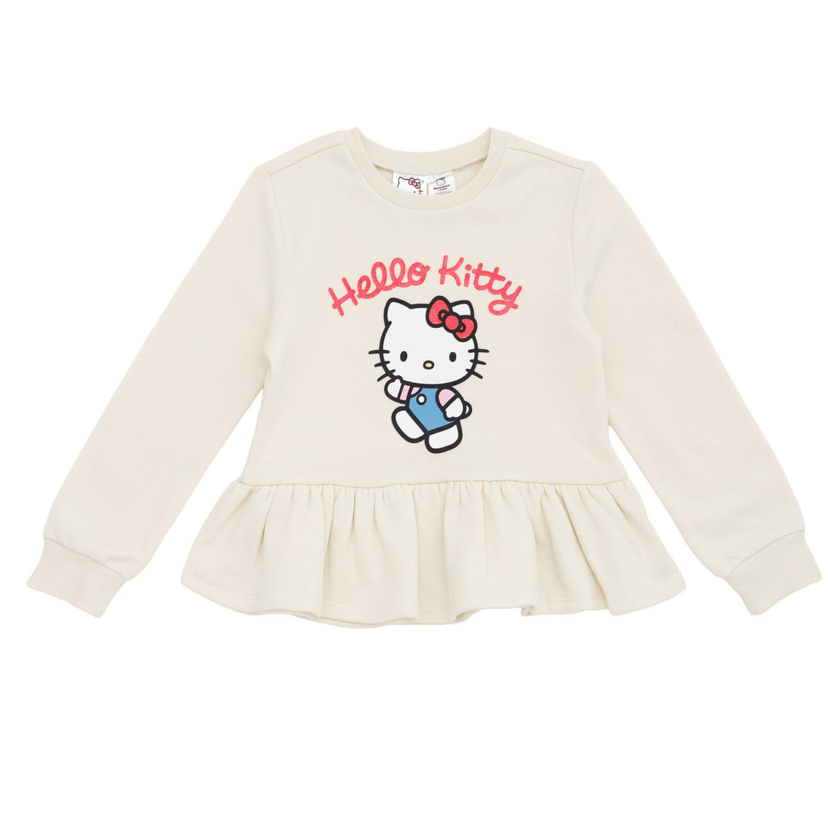Hello Kitty Little Girls Fleece Pullover Peplum Sweatshirt and Ribbed Flare Leggings Outfit Set White/Black 7-8