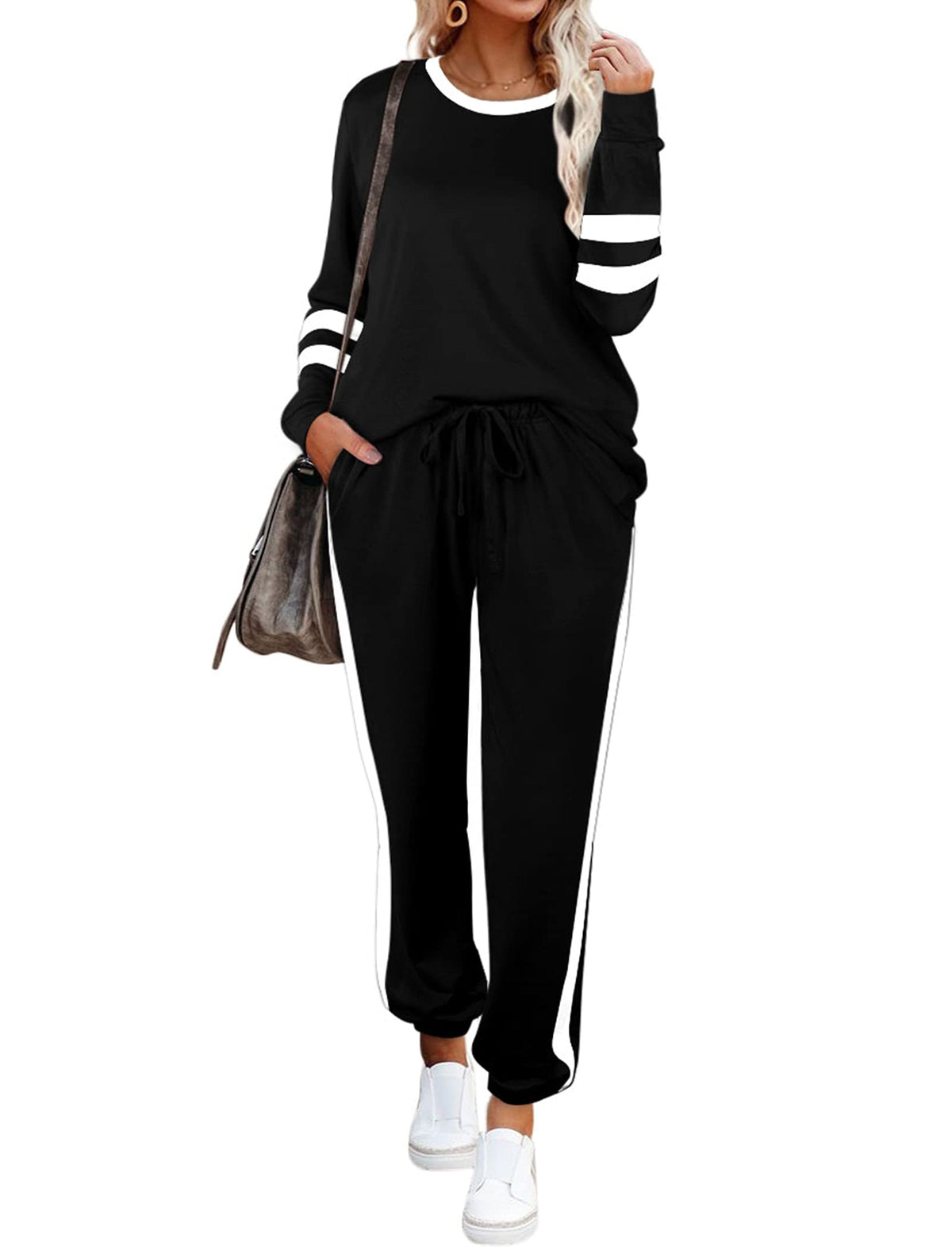 Aloodor Workout Sets for Women 2 Piece Outfits Casual Loose Fitting Tops Winter Clothing for women Fashion Trendy 2025 Black XL