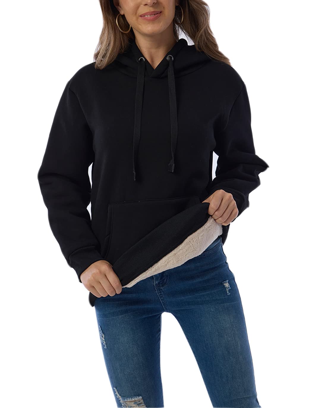 Haellun Womens Casual Winter Warm Fleece Sherpa Lined Pullover Hooded Sweatshirt (Black, Medium)