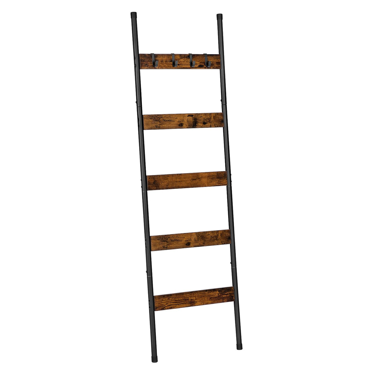 HOOBRO Blanket Ladder, 5-Tier Towel Rack with Hooks, Wall-Leaning Blanket Rack, Decorative Display Ladder Shelf, for Scarves, Industrial, Living Room, Bedroom, Rustic Brown and Black BF52CJ01