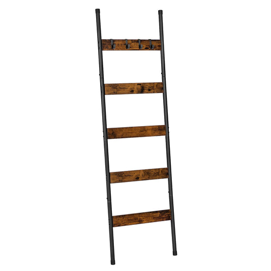 HOOBRO Blanket Ladder, 5-Tier Towel Rack with Hooks, Wall-Leaning Blanket Rack, Decorative Display Ladder Shelf, for Scarves, Industrial, Living Room, Bedroom, Rustic Brown and Black BF52CJ01