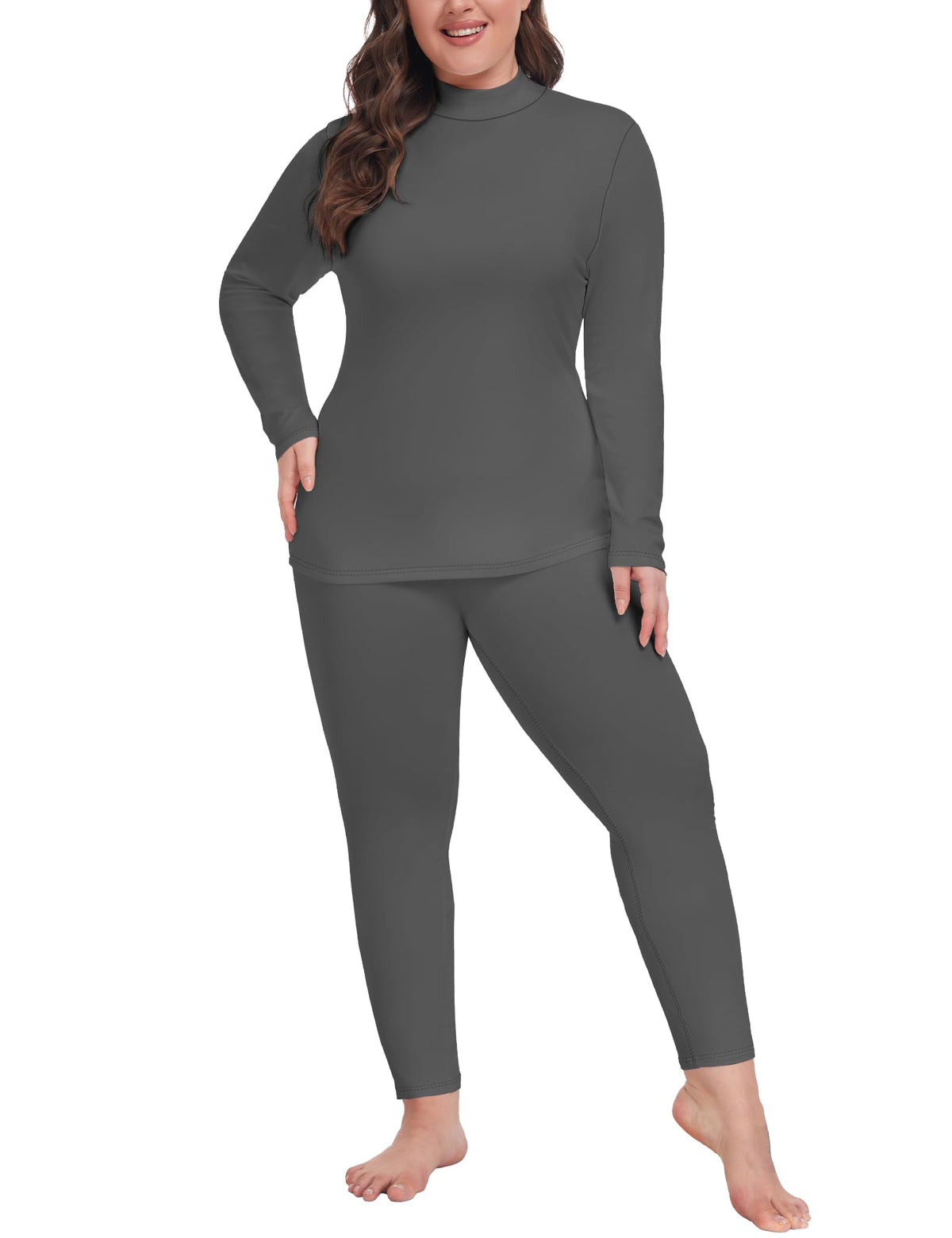 COOTRY Plus Size Thermal Underwear for Women Mock Neck Top and Bottom Sets