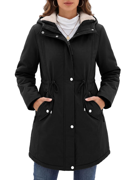 HEEKPEK Women Winter Fleece Lined Hooded Black Parka Jacket with 5 Pockets