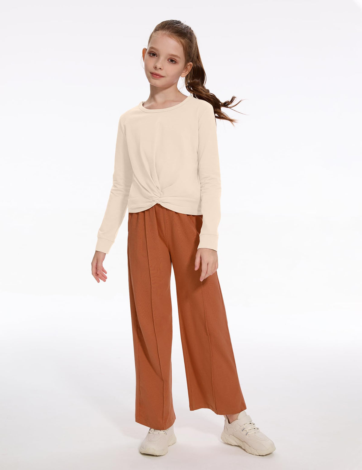 Gaupafmb Girls Clothes Fall Winter Twist Crop Tops and Straight Pants 2PCS Outfits Clothes for Girls 7-8 Beige+Brown