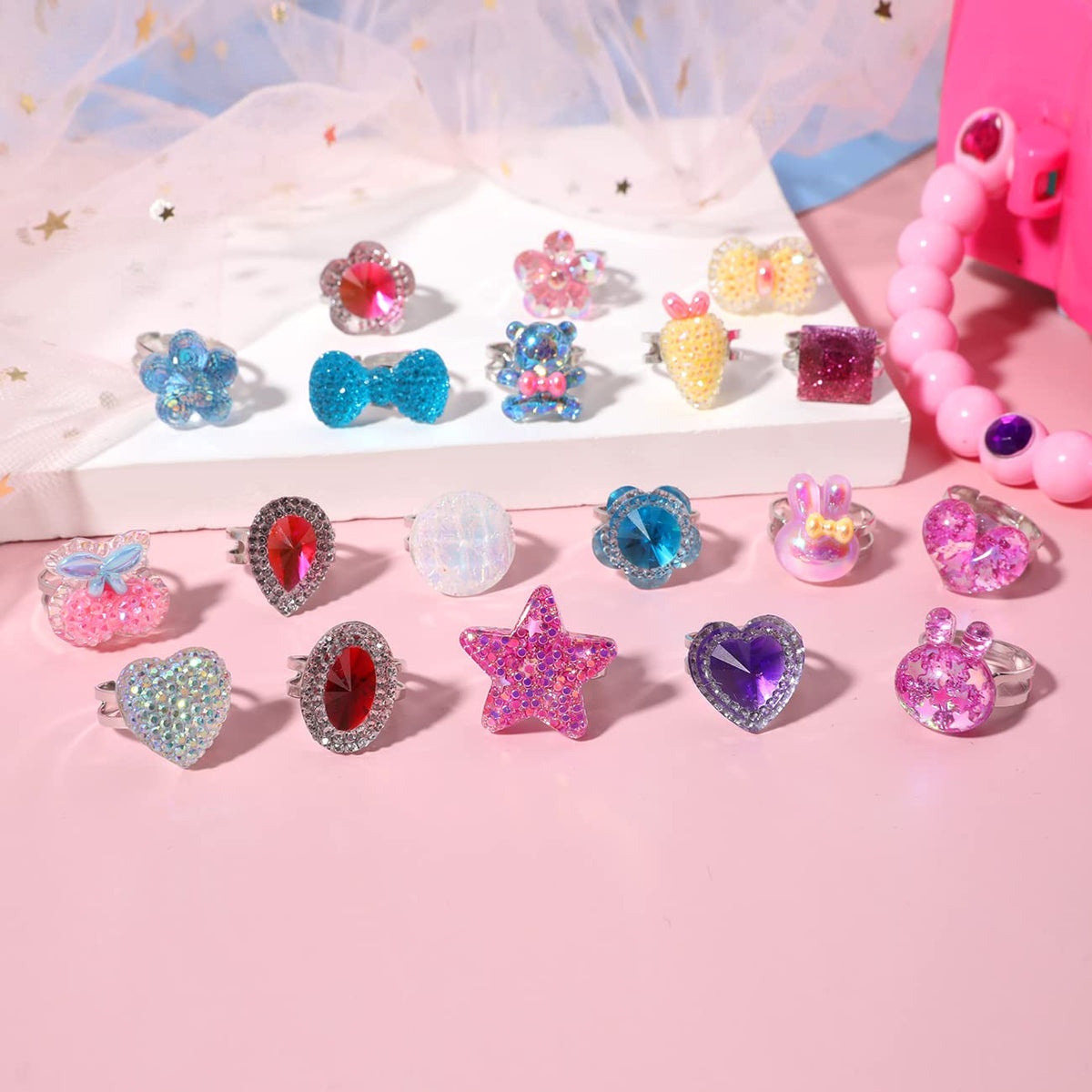 PinkSheep Little Girl Jewel Rings,Adjustable Toddler Rings for Kids Age 3-8