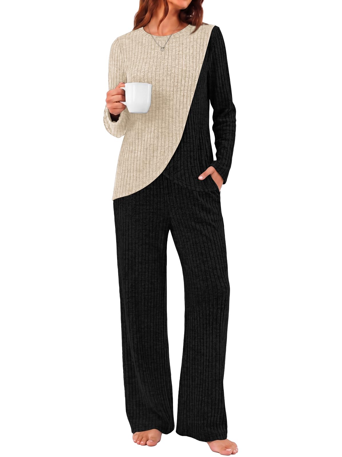 WIHOLL Winter Clothing for Women 2 Piece Lounge Sets Travel Outfit Beige XL