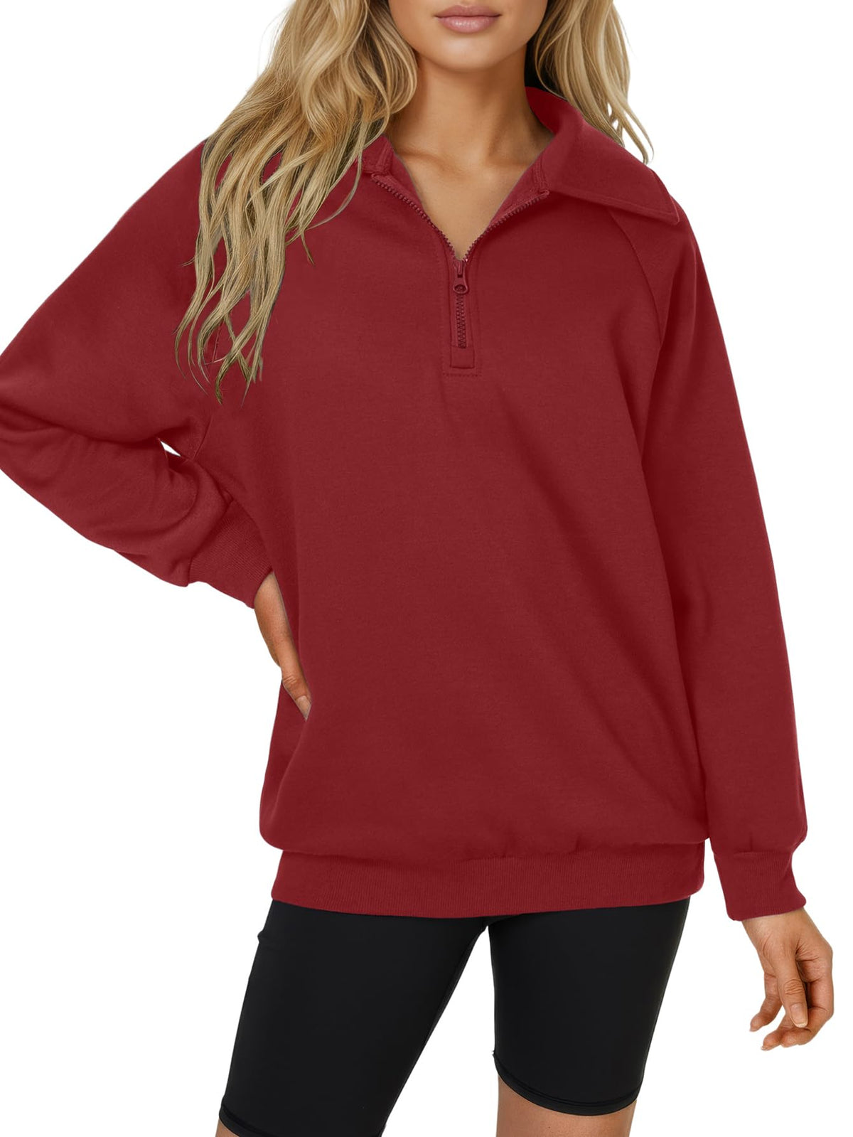 Rooscier Women's Quarter Zip Pullover Sweatshirt Wine Red Large
