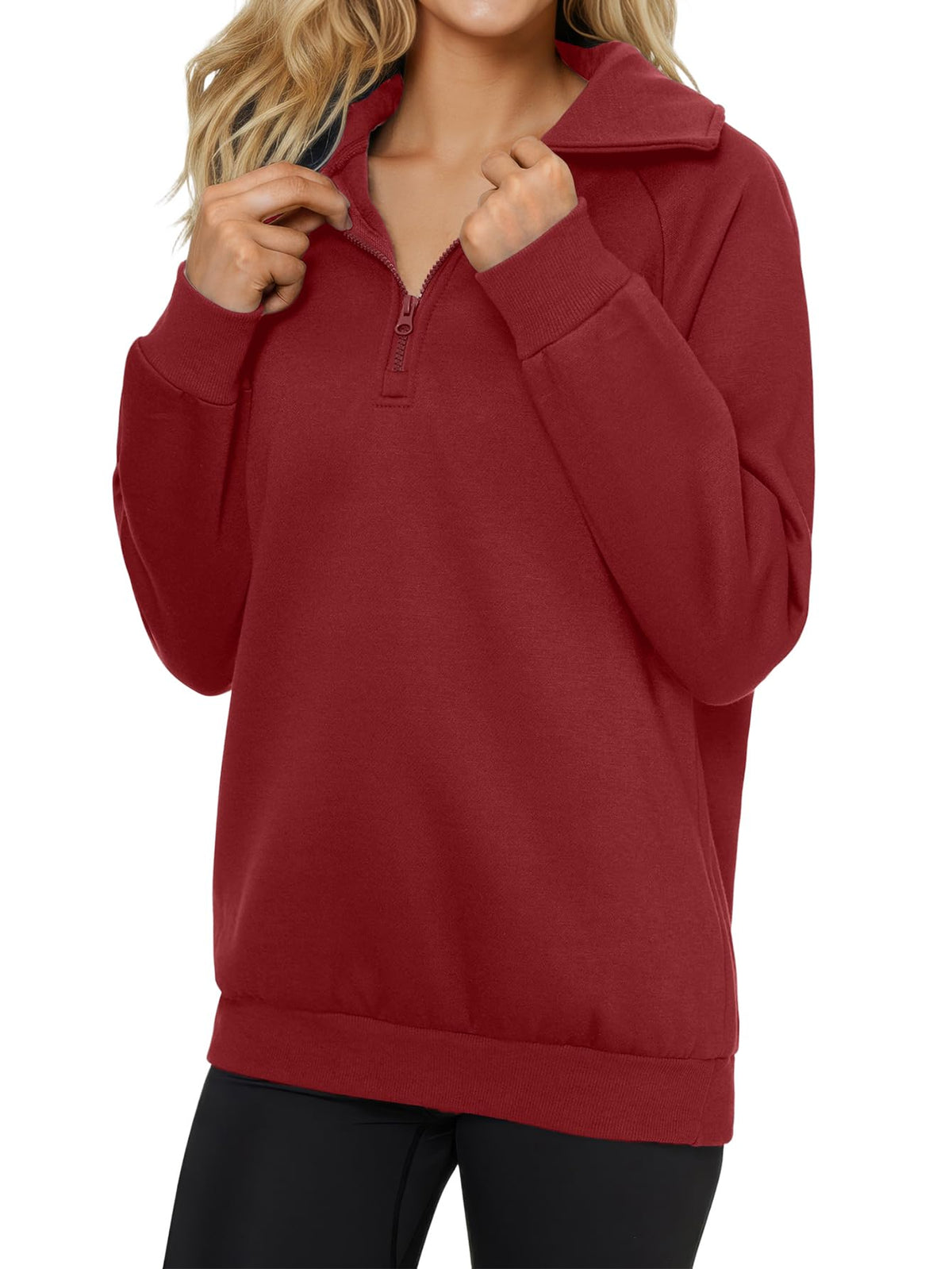 Rooscier Women's Quarter Zip Pullover Sweatshirt Wine Red Large