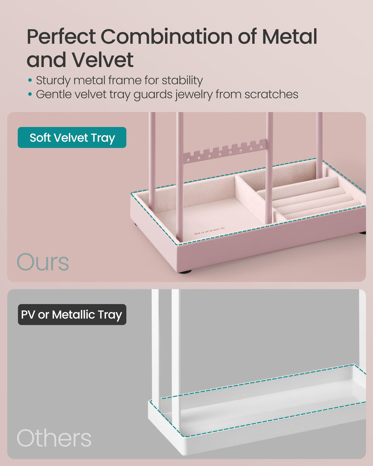 SONGMICS Jewelry Holder, Display Stand, Metal Frame, Velvet Tray