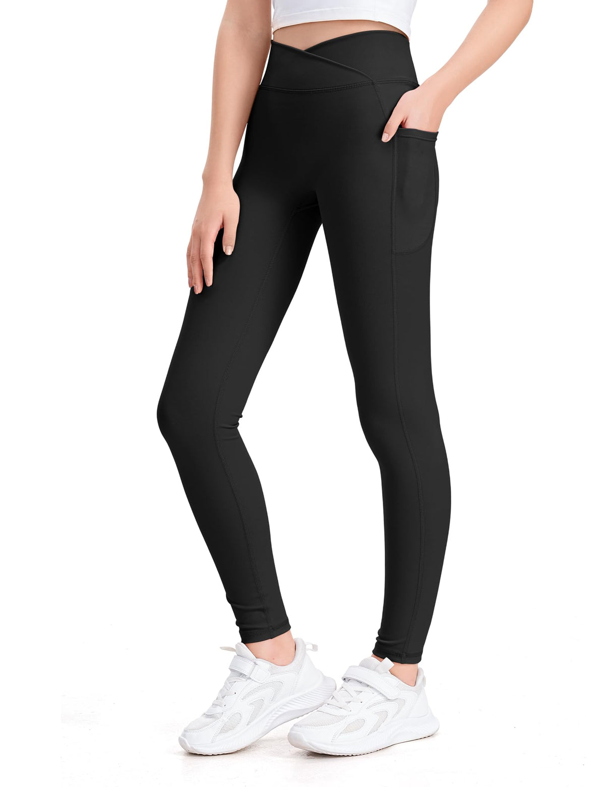 KEREDA Girls Athletic Leggings V Cross Yoga Pants Teen Girls with Pocket for Workout,Gym,Running,Dance Black 9-10 Y