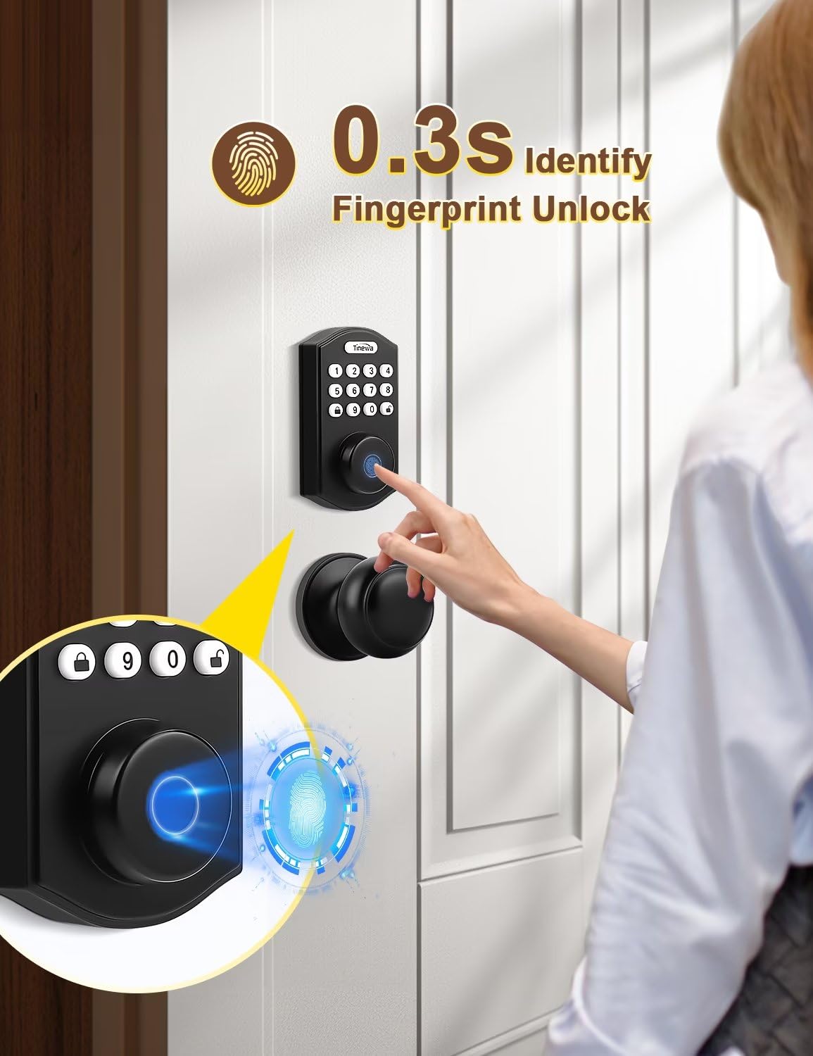 Tinewa Smart Locks for Front Door -Black Keyless Entry Door Lock Deadbolt with Flat Ball Door Knobs, Electronic Digital Keypad Deadbolt with Fingerprint, APP Control, Easy Installation