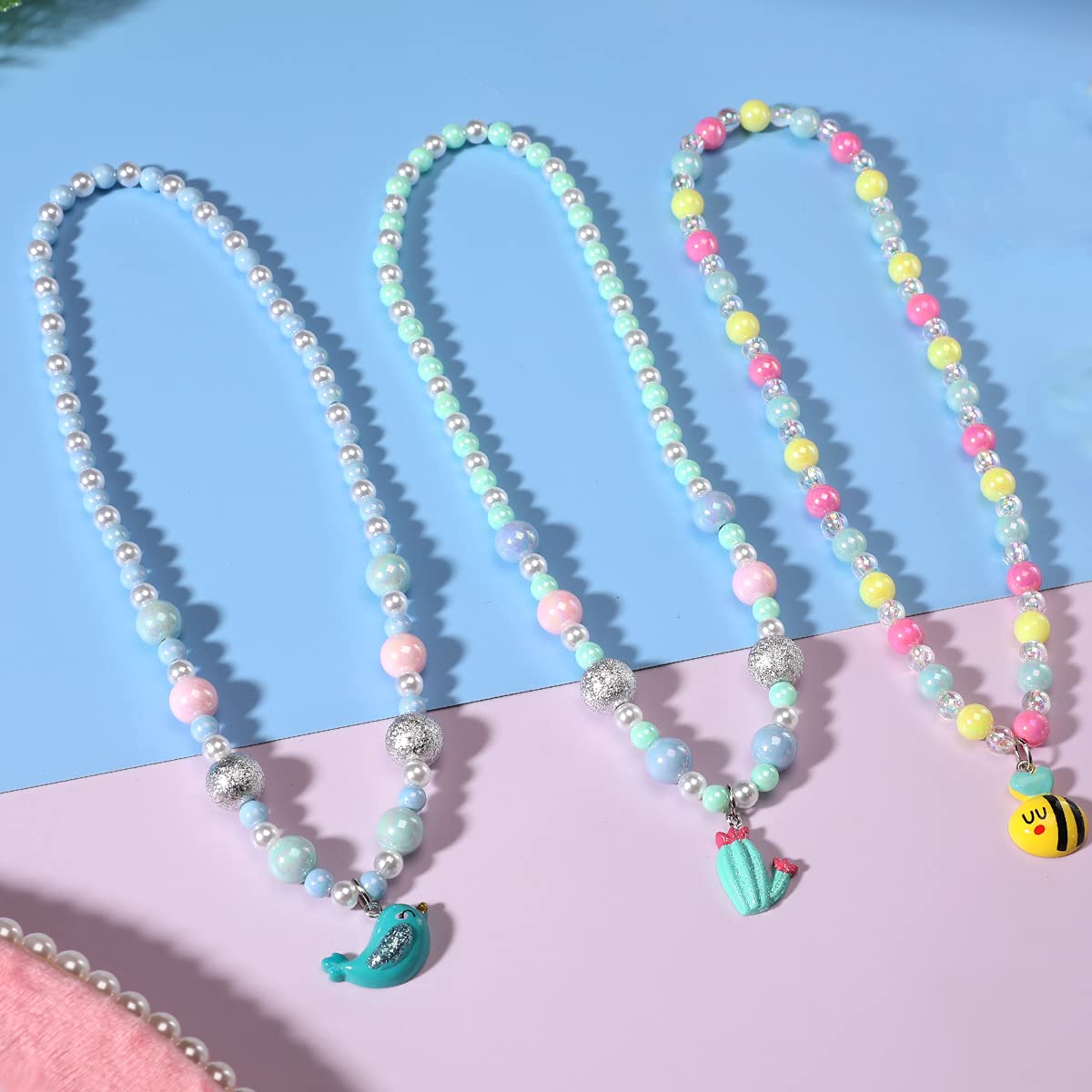 PinkSheep Jewelry Sets Beaded Necklace and Beads Bracelet for Kids Girls 10 Sets Unicorn Cat Bird Owl Necklace and Beads Little Favors Bags for Girls Princess Dress Up Pretend Play