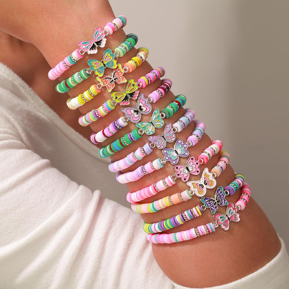 Behrooci Friendship Bracelets Boho Stackable Bracelets for Women Surfer Heishi Clay Bead Bracelets Stretch Preppy Bracelets Colorful Boho Bracelets for Women (12pcs Butterfly)