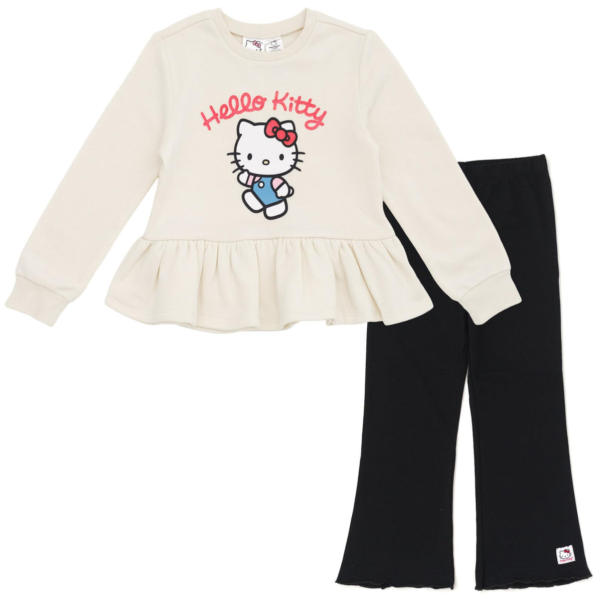 Hello Kitty Little Girls Fleece Pullover Peplum Sweatshirt and Ribbed Flare Leggings Outfit Set White/Black 7-8