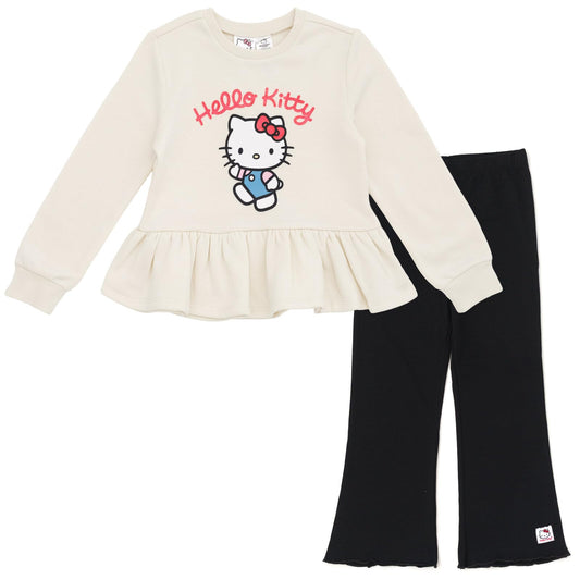 Hello Kitty Little Girls Fleece Pullover Peplum Sweatshirt and Ribbed Flare Leggings Outfit Set White/Black 7-8
