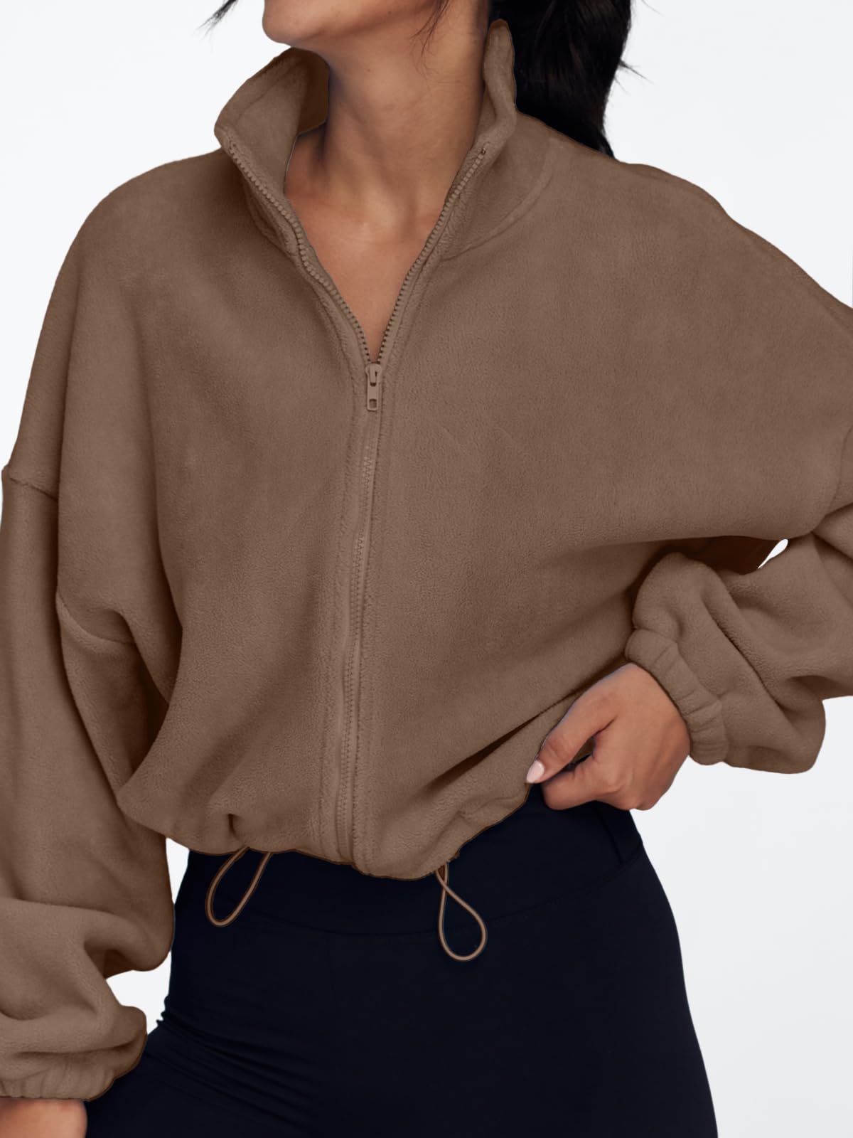 AUTOMET Womens Fleece Jackets Zip Up Oversized Cropped Sweatshirts Coffee