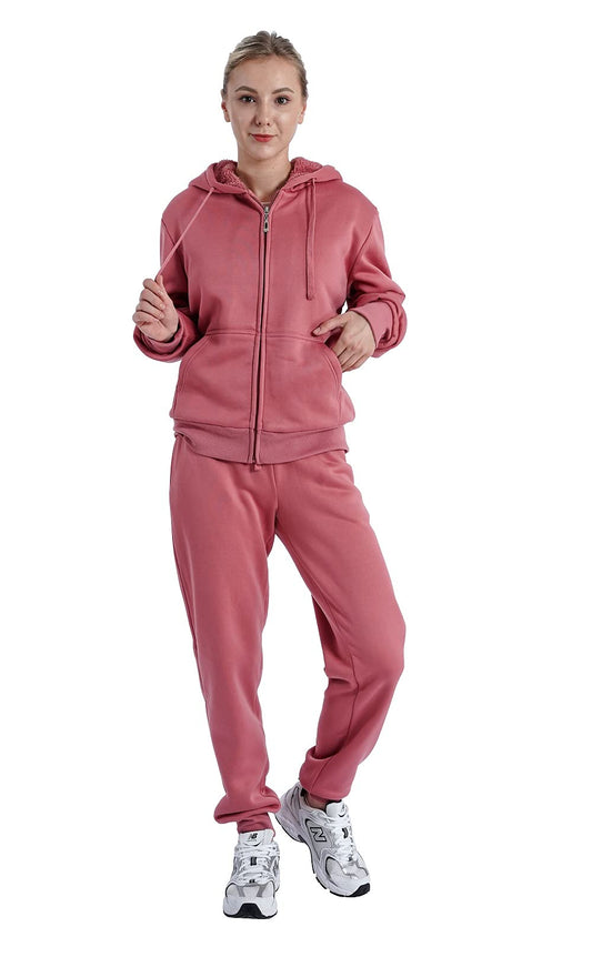 Facitisu Women Warm Up Outfits Fleece Tracksuits Fuzzy Jogging Suits Sherpa Lined Sweatsuits Winter Jogger set Hoodie and pants Mauve Large