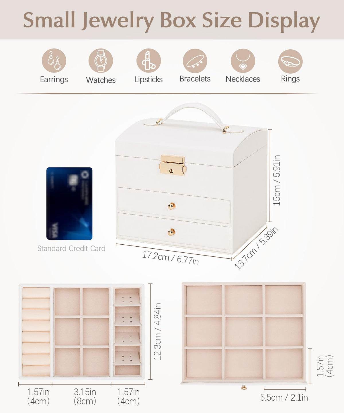 Homde Small Jewelry Box for Girls: 3-Layer Lockable Organizer (Cloud White)