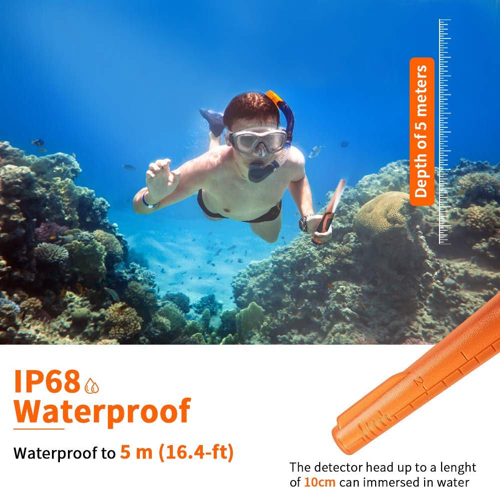 Fully Waterproof Pinpoint Metal Detector Pinpointer,Underwater Pin Pointer Wand With Holster Treasure Hunter Tool,Buzzer Vibration Sound (Three Mode) One Battery Included,Orange