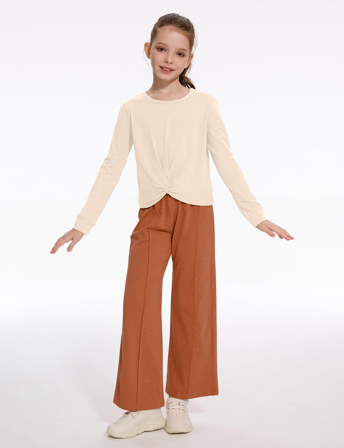 Gaupafmb Girls Clothes Fall Winter Twist Crop Tops and Straight Pants 2PCS Outfits Clothes for Girls 7-8 Beige+Brown