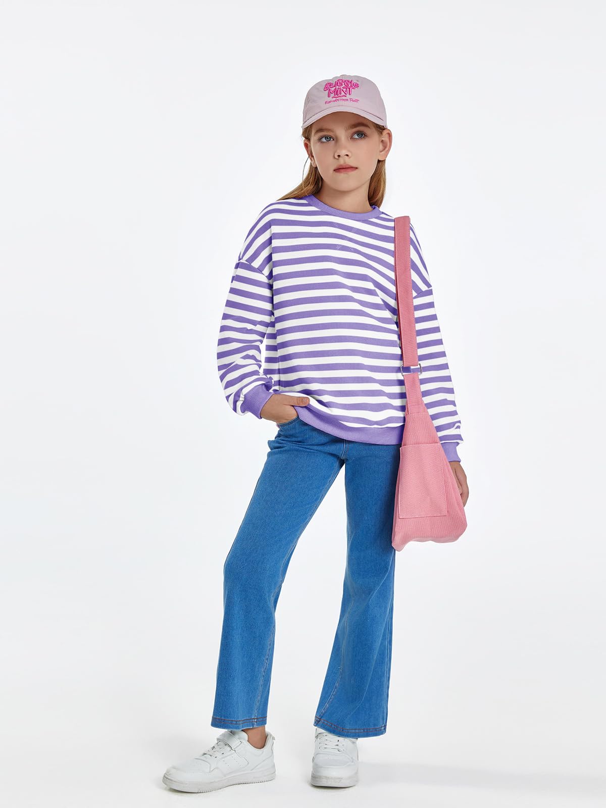 Haloumoning Girls Striped Crewneck Sweatshirt Long Sleeve Oversized Tops