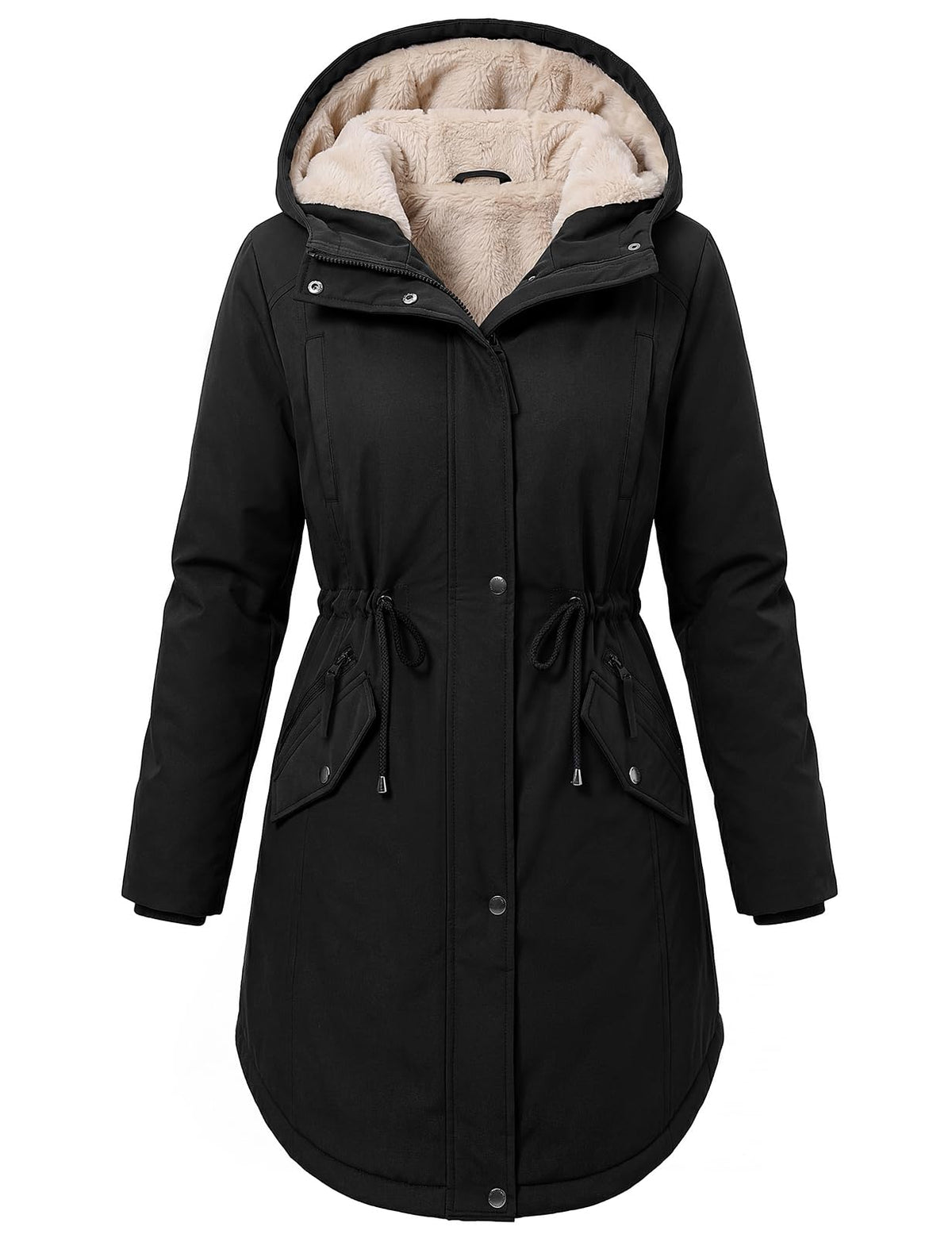 HEEKPEK Women Winter Fleece Lined Hooded Black Parka Jacket with 5 Pockets