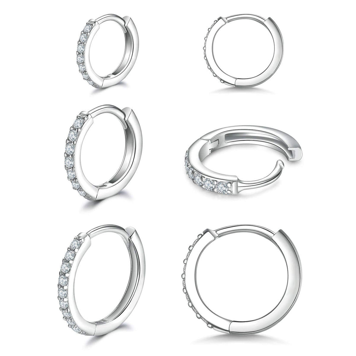 925 Sterling Silver Small Hoop Earrings, Cubic Zirconia Cartilage Huggie Earrings, 3 Pairs 14K White Gold Plated Small Silver Hoops for Women Men 8mm 10mm 12mm