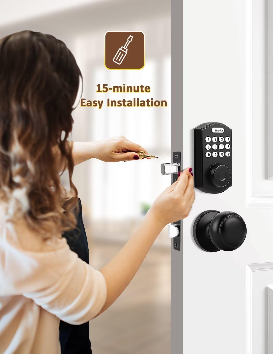 Tinewa Smart Locks for Front Door -Black Keyless Entry Door Lock Deadbolt with Flat Ball Door Knobs, Electronic Digital Keypad Deadbolt with Fingerprint, APP Control, Easy Installation