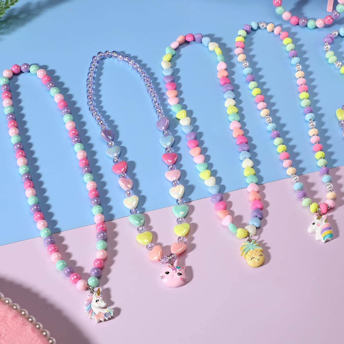 PinkSheep Jewelry Sets Beaded Necklace and Beads Bracelet for Kids Girls 10 Sets Unicorn Cat Bird Owl Necklace and Beads Little Favors Bags for Girls Princess Dress Up Pretend Play