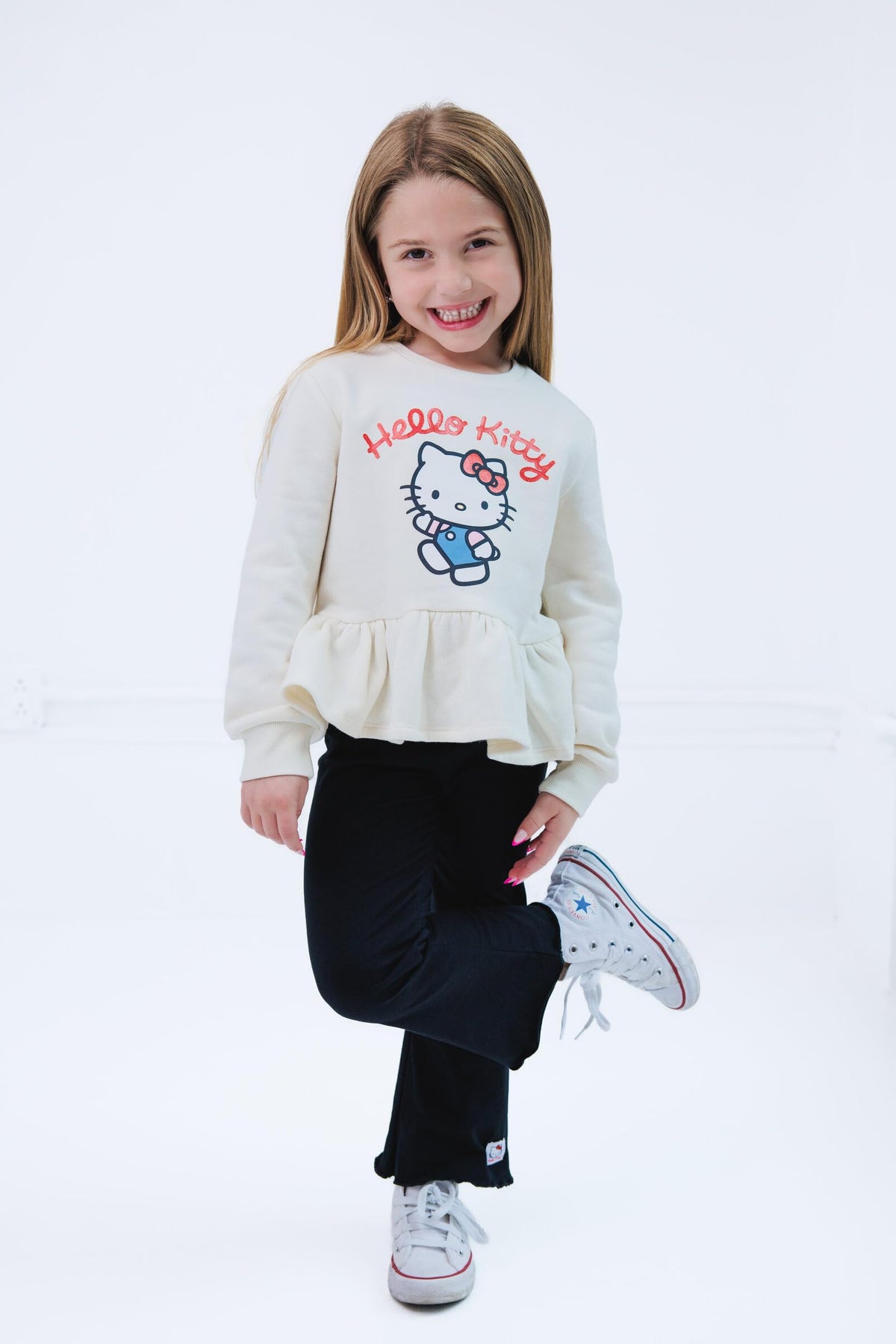 Hello Kitty Little Girls Fleece Pullover Peplum Sweatshirt and Ribbed Flare Leggings Outfit Set White/Black 7-8